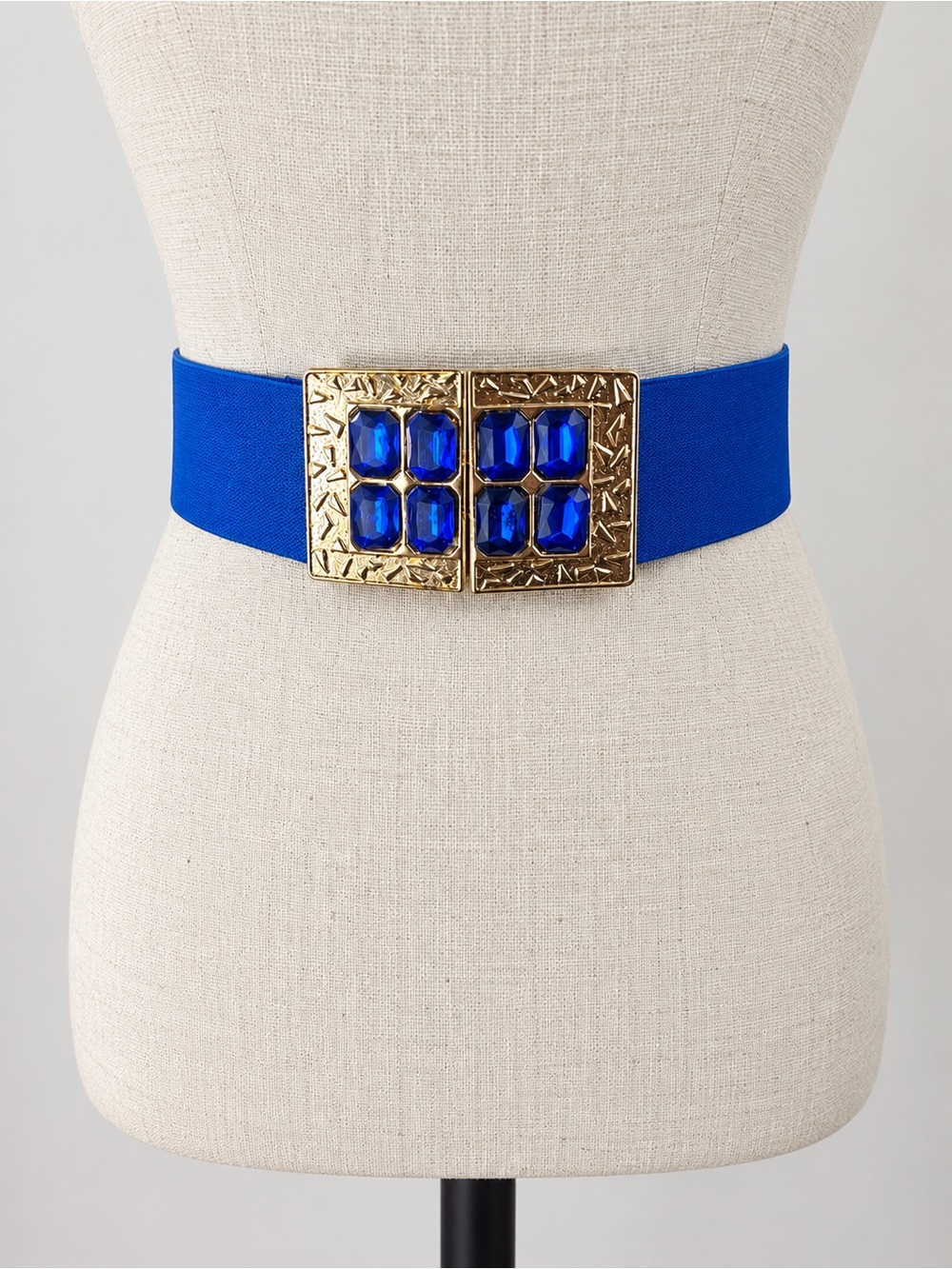 Vintage Cobalt Blue Stretch Belt Gold Tone Jeweled Buckle Adjustable - Picture 2 of 6